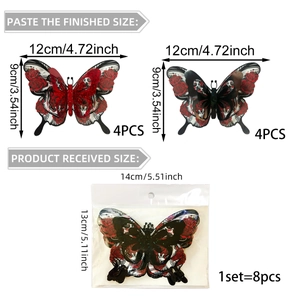 Size chart for 3D skull and rose butterfly wall stickers with detailed dimensions