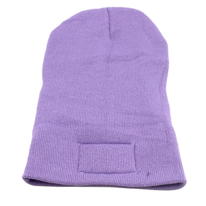 Detailed view of the purple ribbed knit texture on this warm winter beanie cap