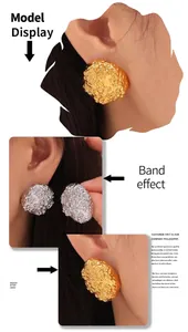 Detail view of irregular wrinkled flower earrings in gold and silver finish for women