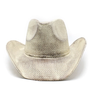 Detail view of woven cowboy hat with brown snakeskin pattern and stylish curved brim