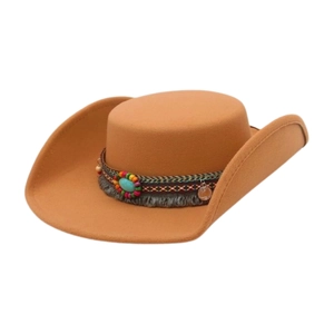 Detail of camel wool felt cowboy hat featuring ethnic braided band and turquoise bead decor