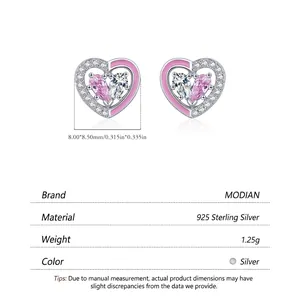 S925 sterling silver heart stud earrings with pink enamel and teardrop zircon crystals
