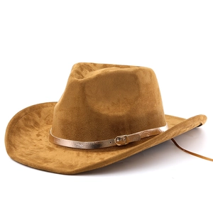 Cappello da cowboy marrone in finto scamosciato con cinturino dorato e sottogola