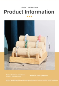 Three-tier bamboo jewelry display stand with natural linen cylinders 18x24x13.5cm