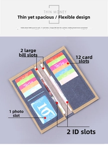 Detail view of denim canvas wallet with 12 card slots and large bill compartments