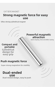Close-up of dual-ended silver cylindrical nail art magnet for cat-eye polish effects