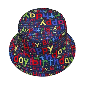 Navy blue reversible fisherman bucket hat with colorful Happy Birthday print design