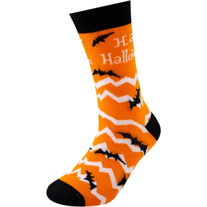 Detail of Halloween crew socks featuring orange chevron patterns and black bat motifs