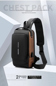 Detail of waterproof chest bag with integrated USB port and fashion branding