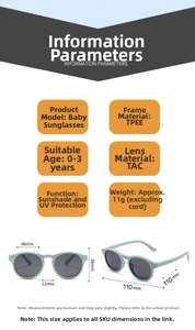 Detailed specifications of TPEE baby sunglasses with 11g weight and TAC polarized lenses