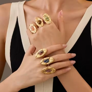 Vintage Roestvrijstalen Ovalen Rimpelring Voor Dames Verguld Gekleurde Natuursteen Ingelegde Verstelbare Open Vingerring Mode Sieraden