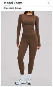 Chocolate brown yoga set featuring high-waisted leggings and long-sleeve crop top detail
