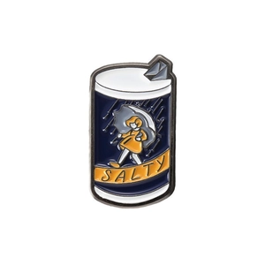 Creative salt jar enamel pin featuring a girl in yellow raincoat with Salty text
