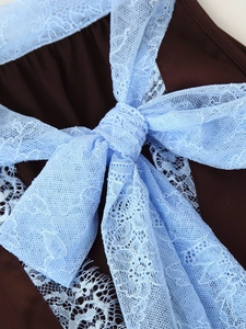 Gros plan détaillé d'un nœud en dentelle bleu clair sur un tissu en satin marron foncé