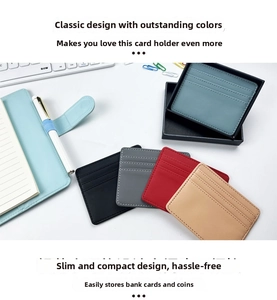 Slim PU leather card holder displayed in blue black grey red and beige colors
