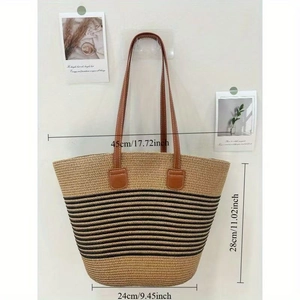 Detailed size chart of the woven straw tote bag with brown handles and black stripes