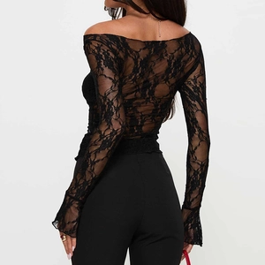 Back view of a black lace off-shoulder long sleeve top with floral sheer fabric