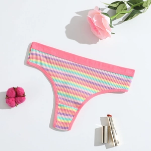 Pink striped cotton thong for women with ribbed texture and elegant floral background