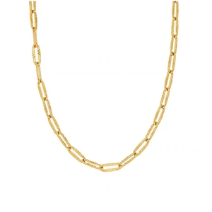 Minimalist gold link choker necklace with a vintage hammered metal texture on white background