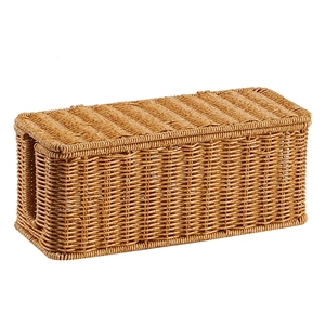 Nordic woven cable management box in light brown for organized desktop power strips