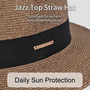 Straw fedora hat with black ribbon and metal accent for sun protection in summer