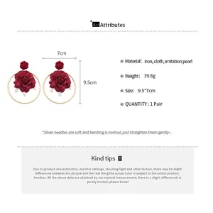 Size chart showing fabric rose pearl earrings with dimensions 9.5x7cm and 39.8g weight