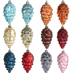 Set of 12 pinecone-shaped Christmas tree ornaments in assorted colors with glitter finish