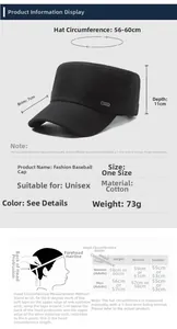Size chart for cotton baseball cap with measurements for circumference, brim, and depth