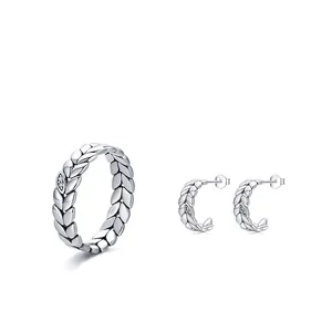 925 Sterling Silver Leaf Wheat Ring And Hoop Earrings With Micro Zircon Inlay Minimalist Style For Women