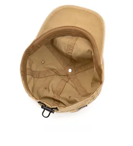 Internal view of khaki baseball cap featuring cross support straps and adjustable drawstring