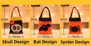 Three Halloween felt bags featuring skull, bat, and spider designs in 18x25cm size