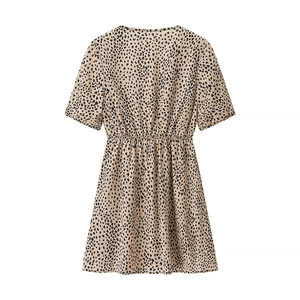 Rear view of leopard print satin dress featuring elastic waist and short sleeves
