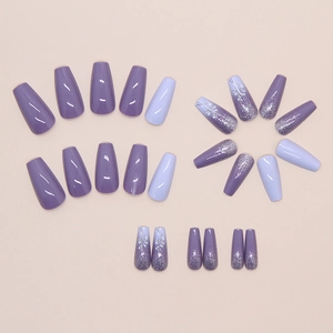 Elegant purple gradient coffin press-on nails with floral patterns and silver glitter