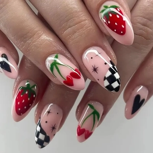 Press On Nails Long Almond Shaped Strawberry Cherry Heart Checkerboard Pattern Glossy Pink Black Sweet Cool Style Women