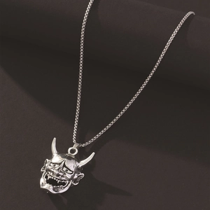 Japanese Hannya mask pendant necklace with silver box chain for men and women
