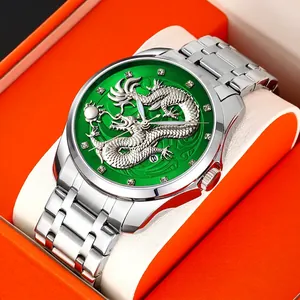 Men's steel business watch featuring a 3D silver dragon relief on a green sunburst dial