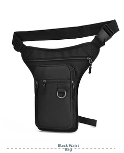 Detailed side view of black tactical leg bag showing durable nylon and D-ring hooks
