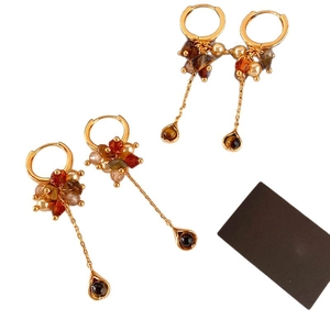 Tiger eye and pearl tassel hoop earrings with brown gemstone beads in vintage gold style