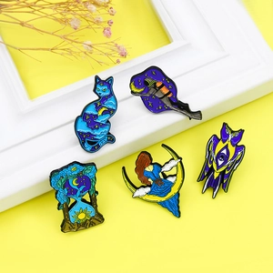 Five-piece fantasy enamel pin set featuring starry cat, diver, and hourglass designs