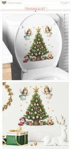Christmas sticker set with angel, tree and gifts displayed on bathroom and wall