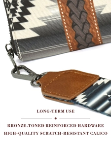 Detail of bronze-toned hardware and scratch-resistant canvas fabric on bohemian clutch bag