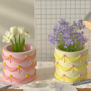 Relief ribbon lace cylinder flower pot resin mold for DIY candle jars and pen holders
