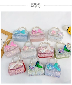 Detailed flat lay of diverse sequin mermaid princess pearl handle mini bags for girls