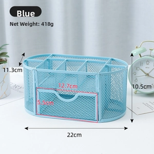 Detailed view of light blue mesh desk organizer with drawers and compartments
