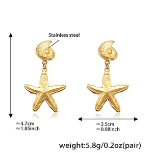 Detailed view of gold starfish and seashell drop earrings with size and weight specs