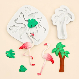 Silicone fondant mold set featuring flamingo, monstera leaf, and palm tree for cake decor