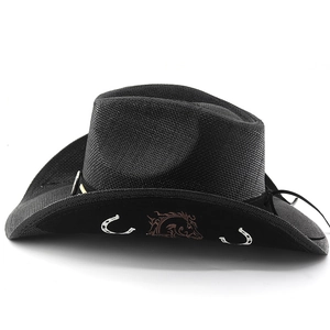 Detail of black straw cowboy hat with horse embroidery and silver horseshoe buckles