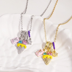 Detail of ice cream pendant necklace with colorful zircon and enamel inlay
