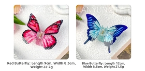 Detailed view of red and blue acrylic butterfly hair clips with sizes and weights shown