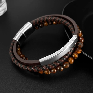 Men's multilayer leather bracelet with brown tiger eye beads and silver magnetic clasp